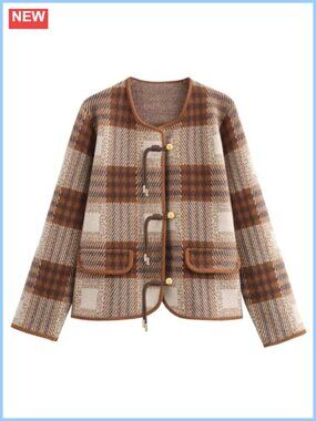 Vintage Plaid Cardigan Sweater Button Down Knit Jacket with Pockets